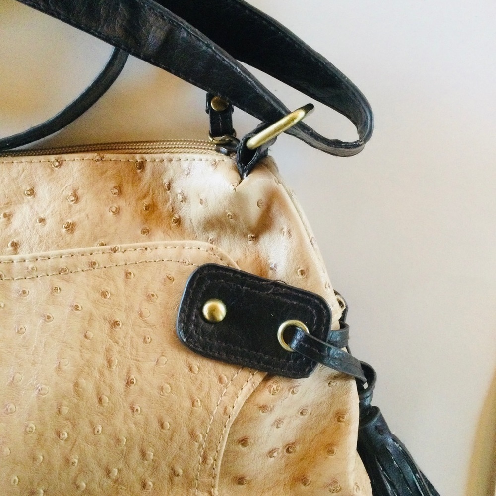 Bueno Tan & Black Shoulder Patent Handbag Fringe Tassels - Picture 6 of 8